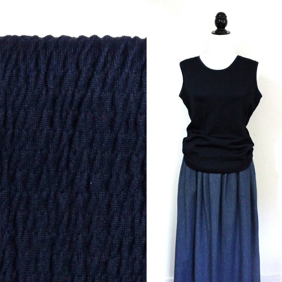 Vintage Navy Sleeveless Micropleat Top, Navy Blue Popcorn Top - Picture 5 of 7